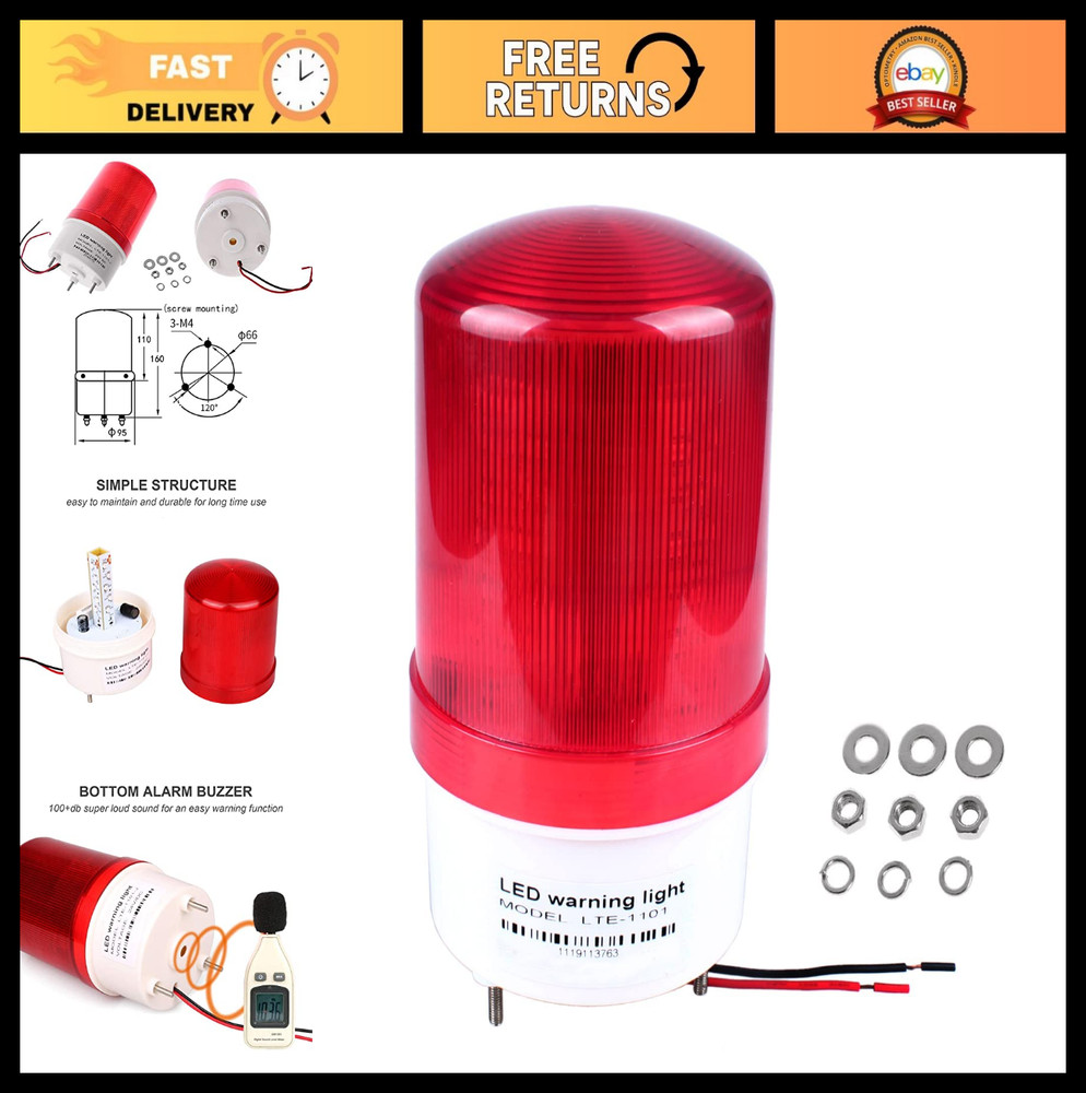 24V DC Red LED Rotating Strobe Beacon Light - Emergency Warning Signal with Buzz