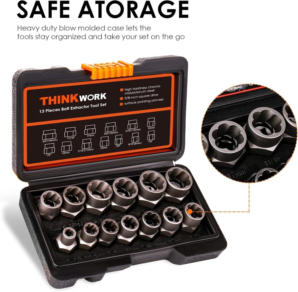 Impact Bolt Extractor Set Nut Remover Set Stripped Extraction Socket Tools 13Pcs