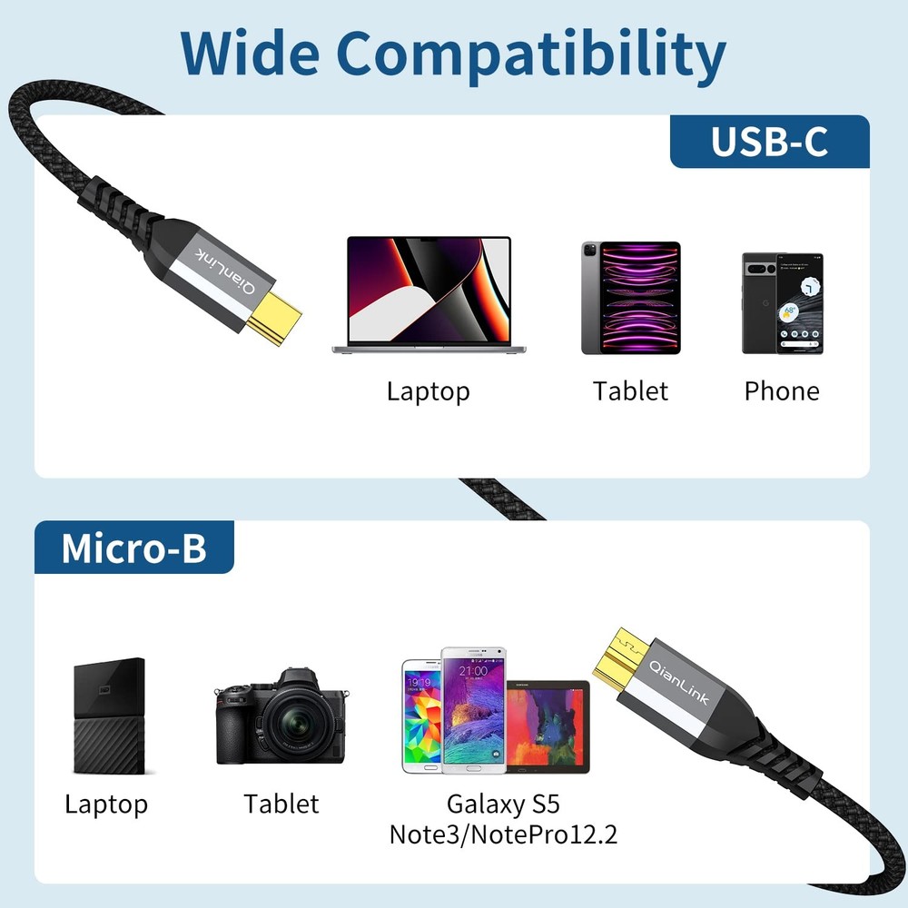 10Gbps Micro B to USB C Hard Drive Cable 1.6FT External Hard Drive Cable
