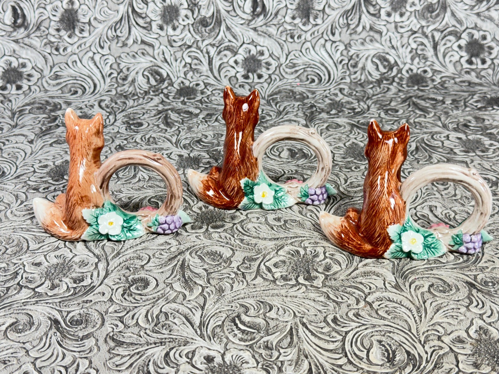 Vintage Fitz & Floyd Reynard The Fox Napkin Rings 1990 Woodland FF Christmas