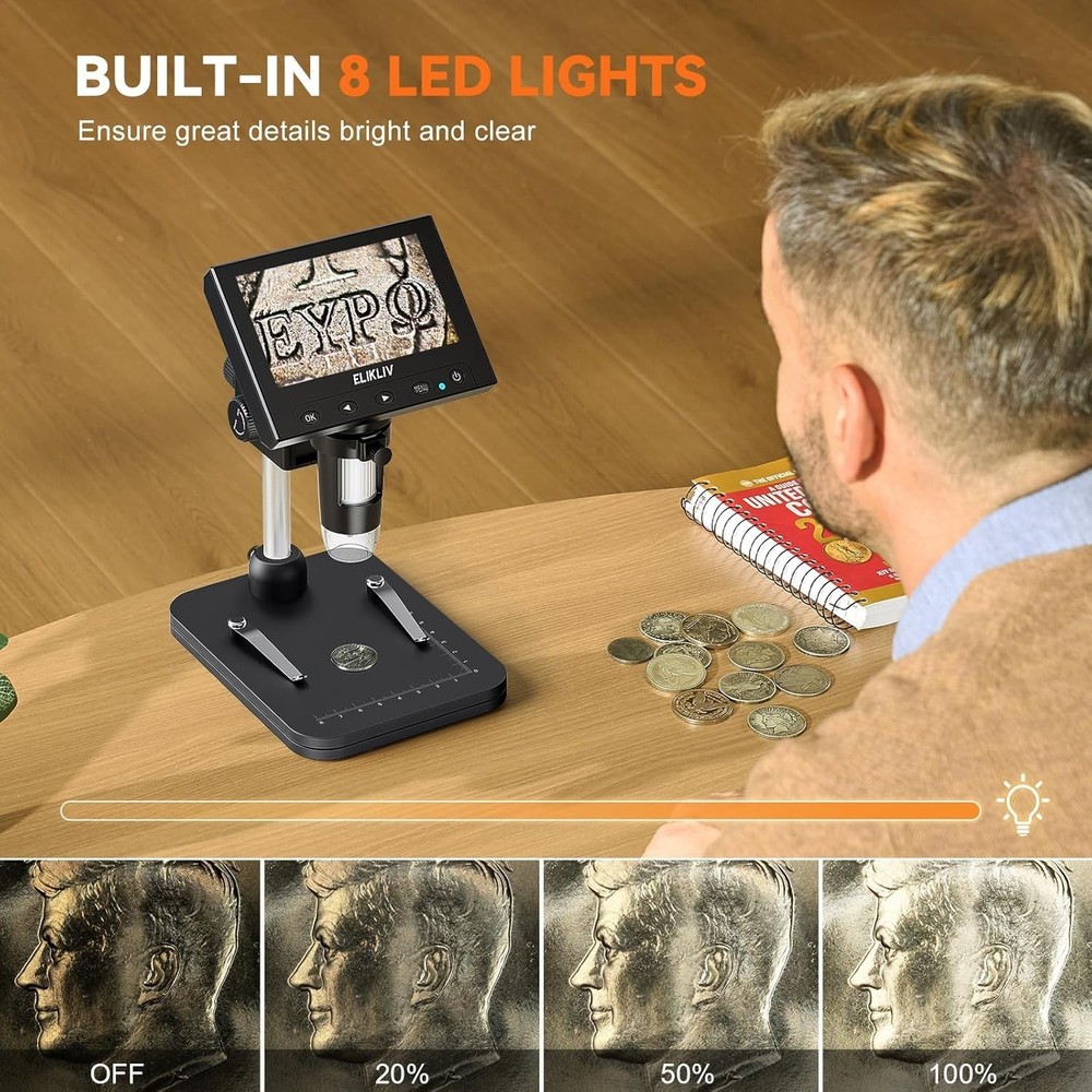Coin Microscope, 4.3'' LCD Digital Microscope 1000x, Coin Magnifier with 8 Ad...
