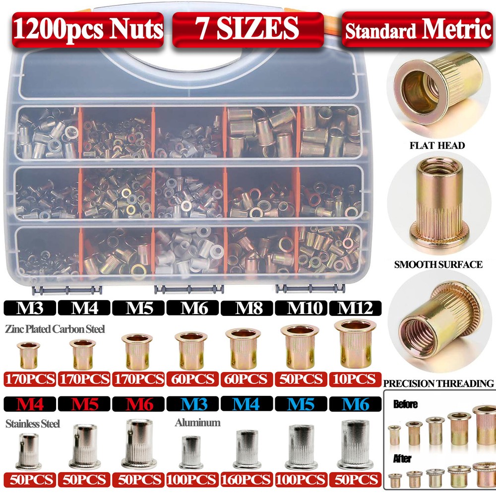 1200Pc Rivet Nut Metric Stainless Steel Rivnut Insert Nutsert Threaded Flat Head