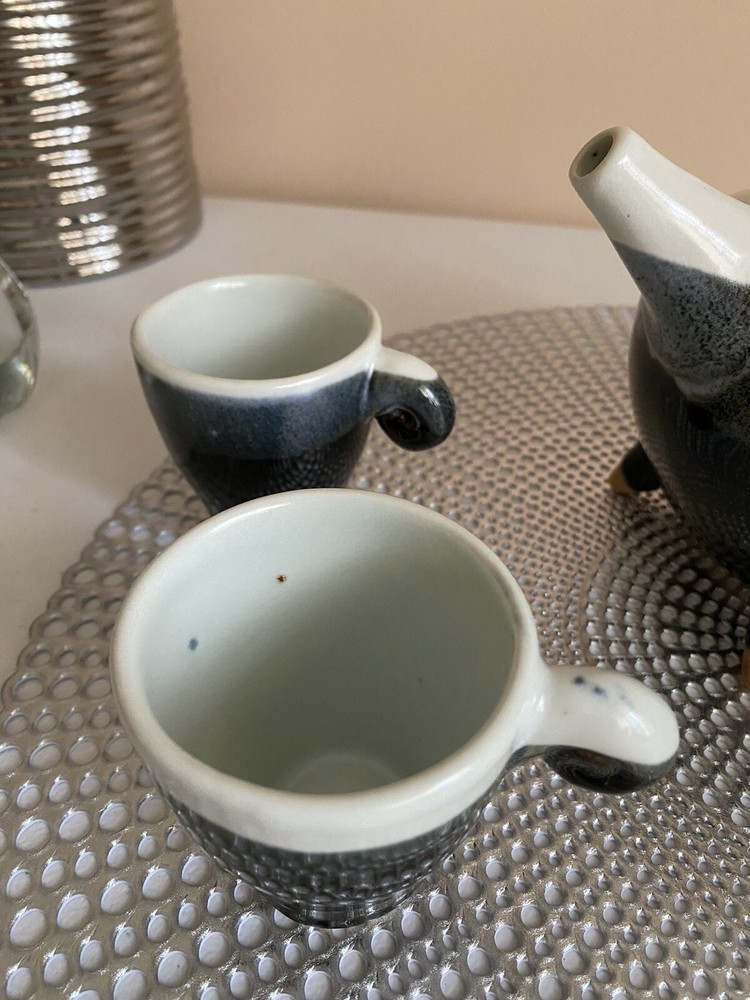Glazed Ceramic Tea Coffee Pot With Four Cups China Signed