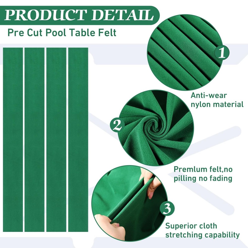 8 Ft Pool Table Replacement Felt Green 6 Strips 6 Rubber Bumpers REPL KIT