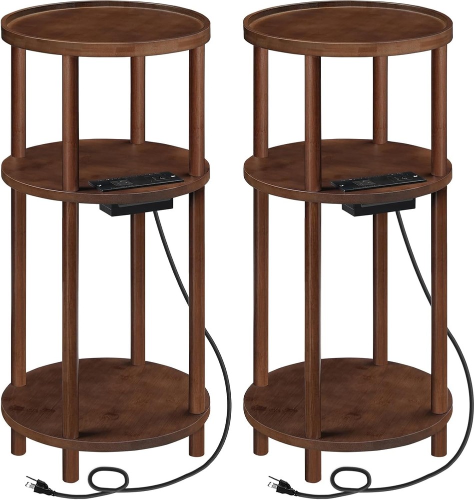 Small Round Side Tables with Charging Stat, 3-Tier Round Bboo