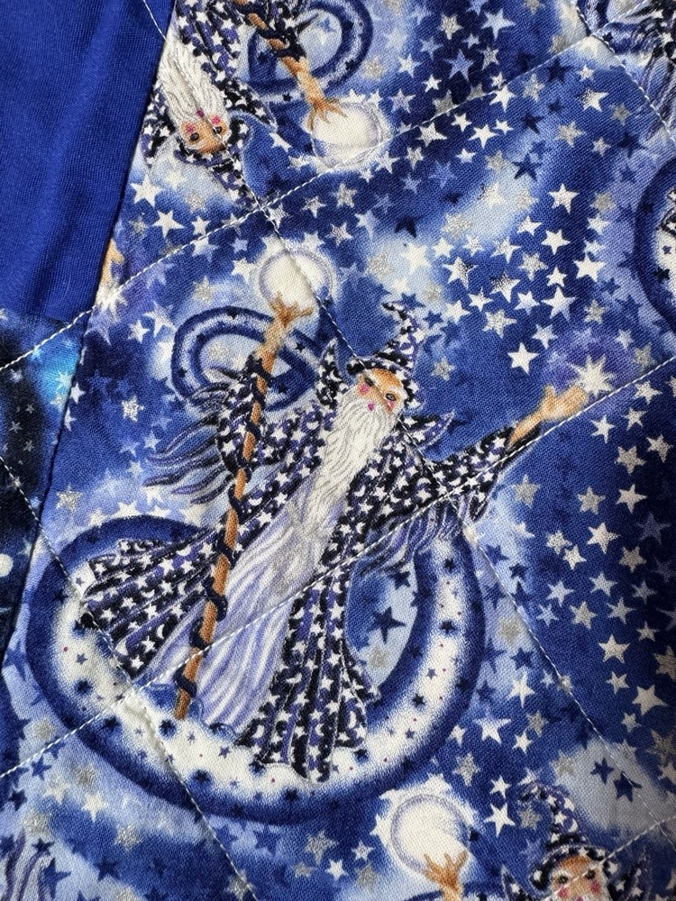 Handmade Modern Quilt Blue Celestial Wizard 9 Square Flannel Back Queen Signed