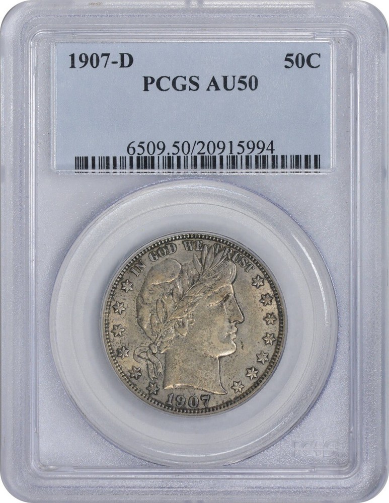 1907-D Barber Silver Half Dollar AU50 PCGS