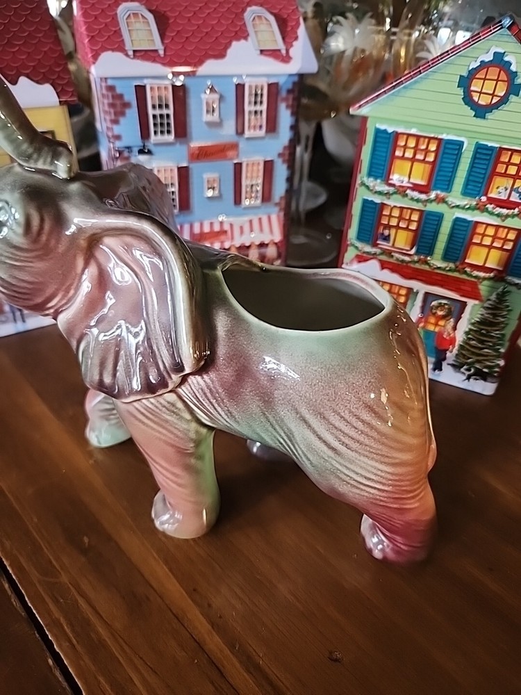 Vintage Elephant Planter Vase Trunk Up Ceramic Glazed