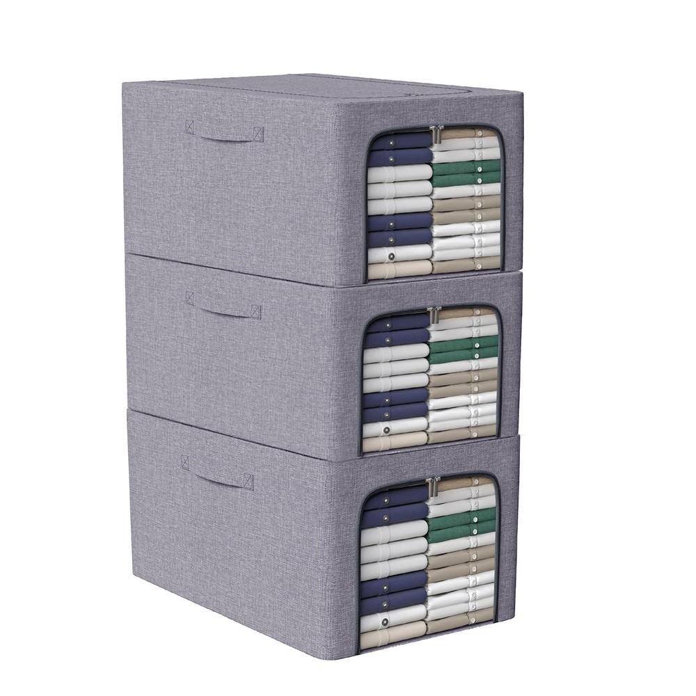 3 Pack 31L Stackable Clothes Storage Bins with Metal Frame Handles & Zipper, ...