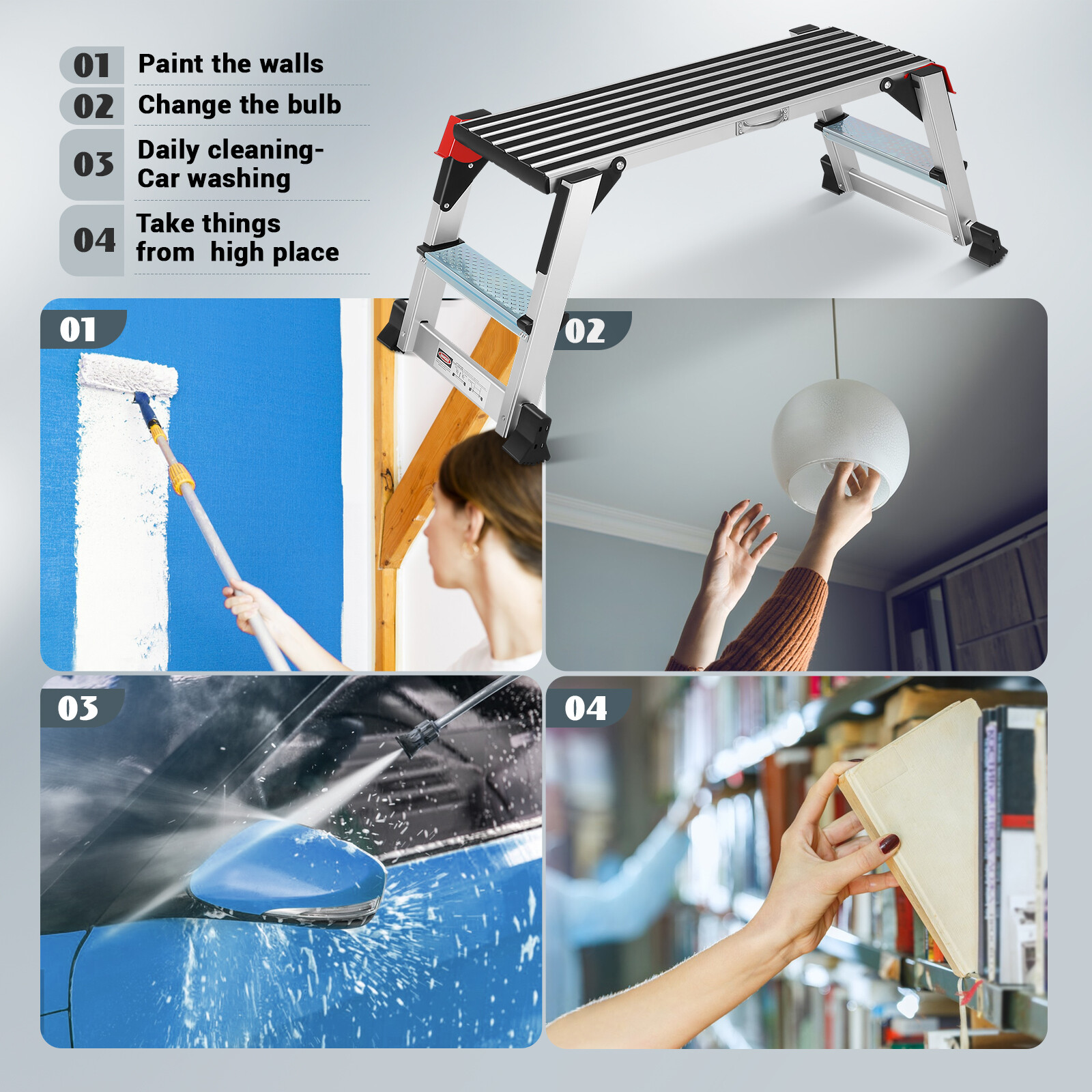 Work Platform Step Ladder Load 330LBS, Non-Slip Aluminum Portable Step Ladder