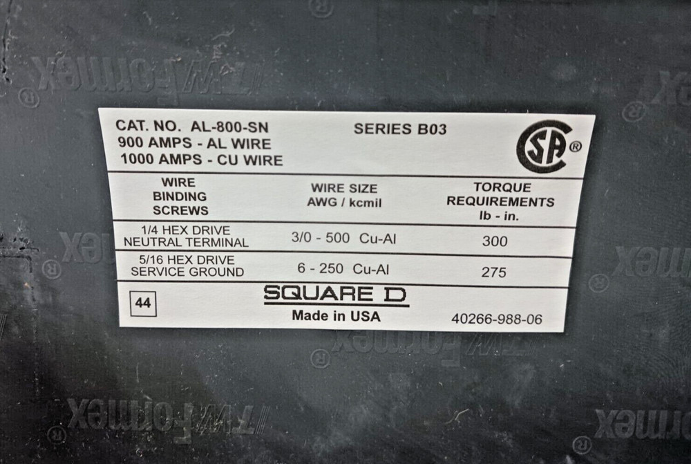 NEW SQUARE D SOLID NEUTRAL ASSEMBLY 1000CU 900AL 277/480 VAC AL800SN
