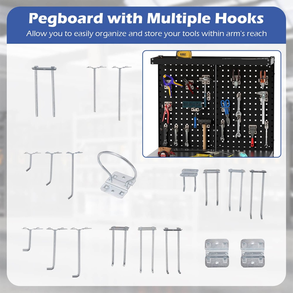 32" x 16" Workbench with Pegboard 20PCS Tool Hooks Drawer and Open Shelves