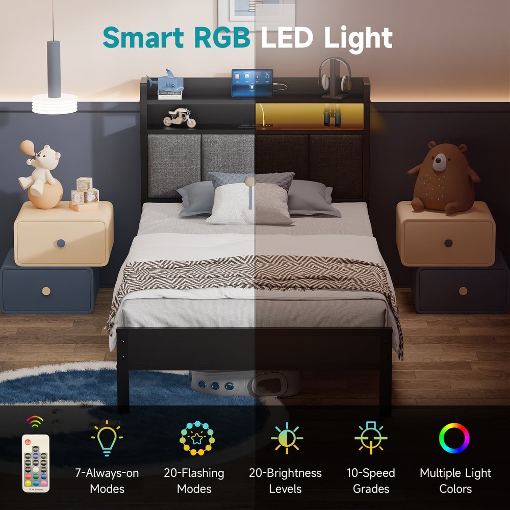 Storage Metal Platform Bed Frames with LED Light, Twin