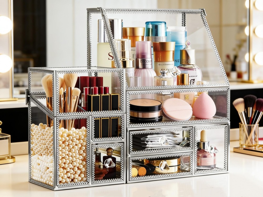 Hersoo Glass Makeup Organizer for Vanity/Stackable 2Pieces Drawer S... Fast Ship