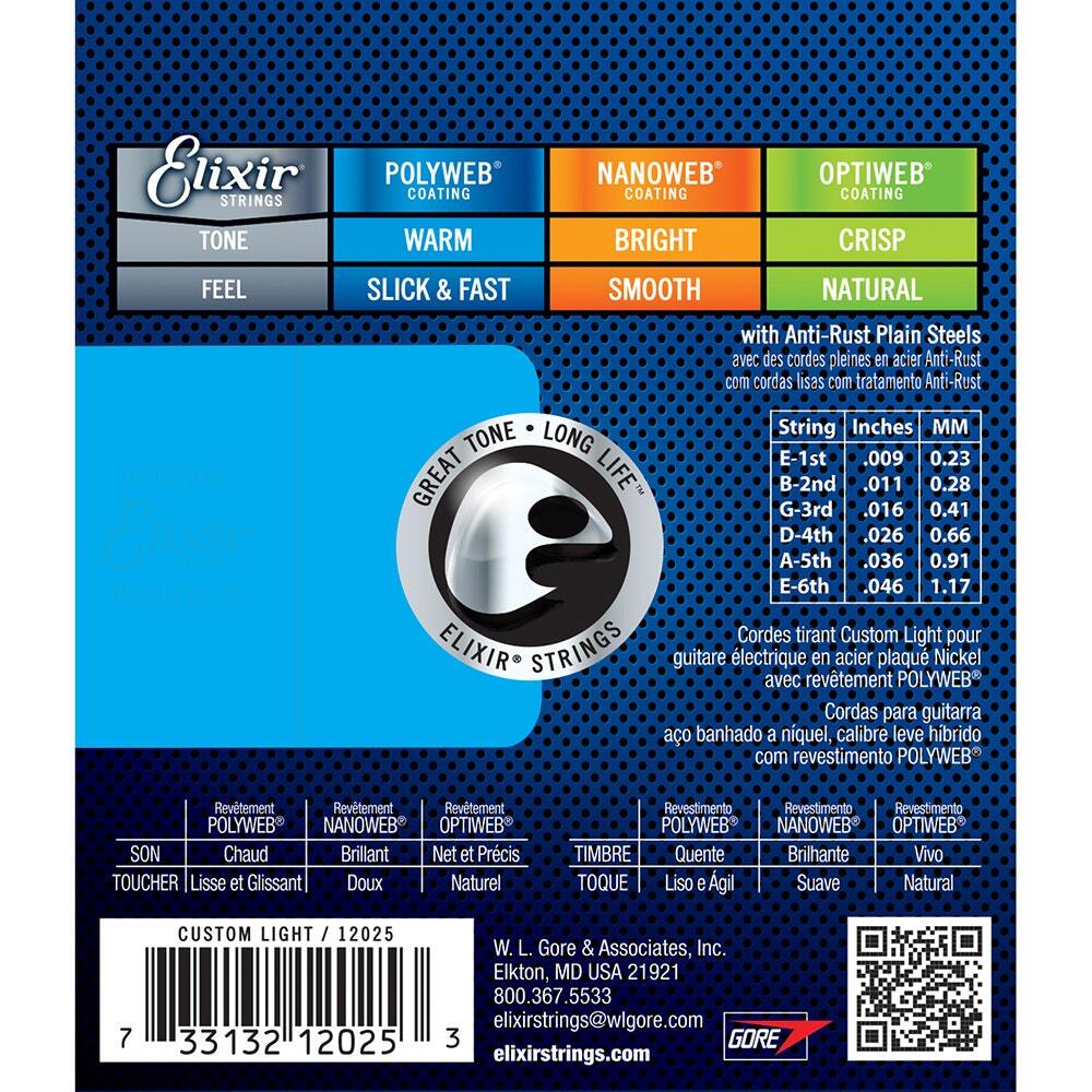 Elixir 12025 Polyweb Coating NPS Electric Guitar Strings, Custom Light (9-46)