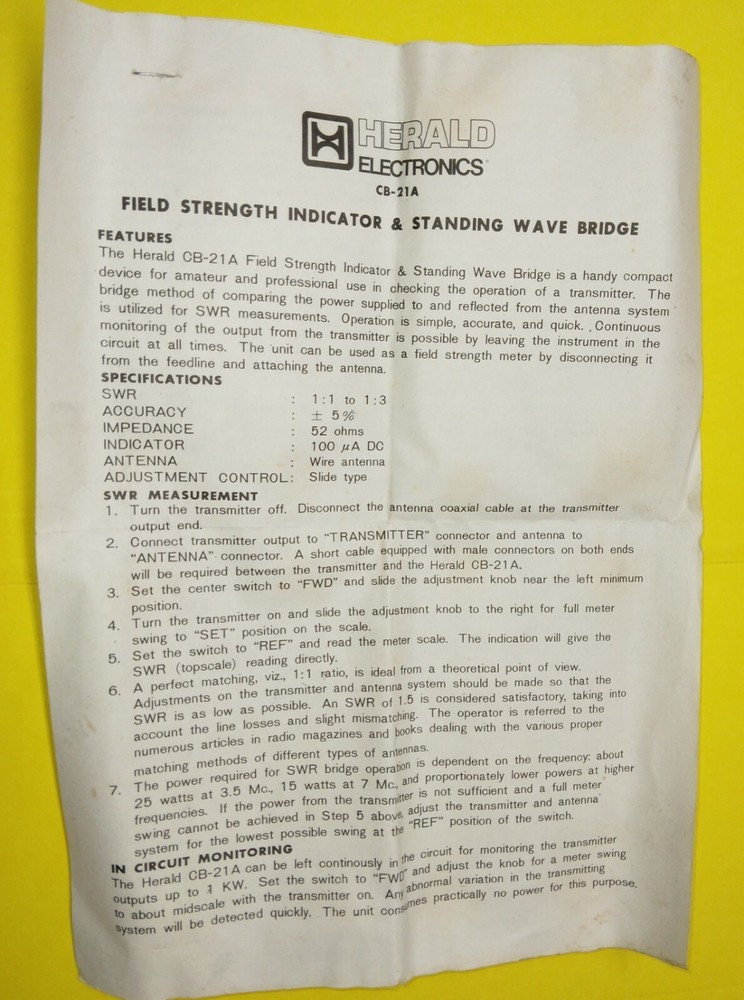 Herald Electronics CB21A SWR & Field Strength Meter Pre-owned