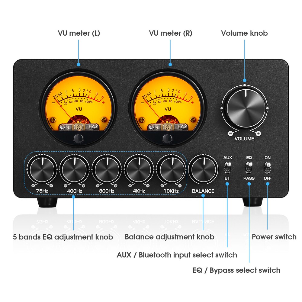 Mini 5-Band EQ Equalizer with Bluetooth Receiver Stereo Audio Preamp w/VU Meter