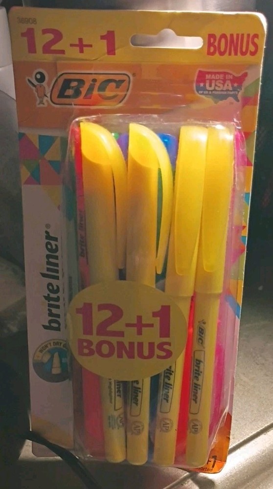BIC Brite Liner Pocket Highlighter, Chisel Tip, Assorted Colors 12+1 Bonus