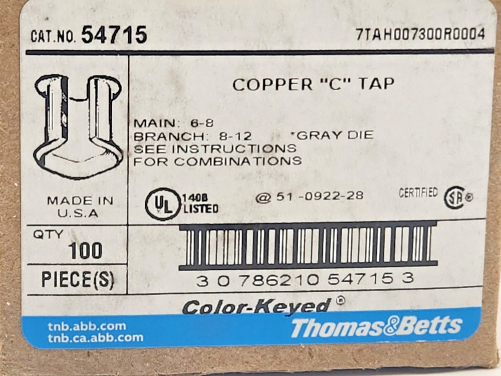 100 pcs Thomas & Betts 54715 CU 6-8AWG "C"-Tap GRAY, Die Code 29