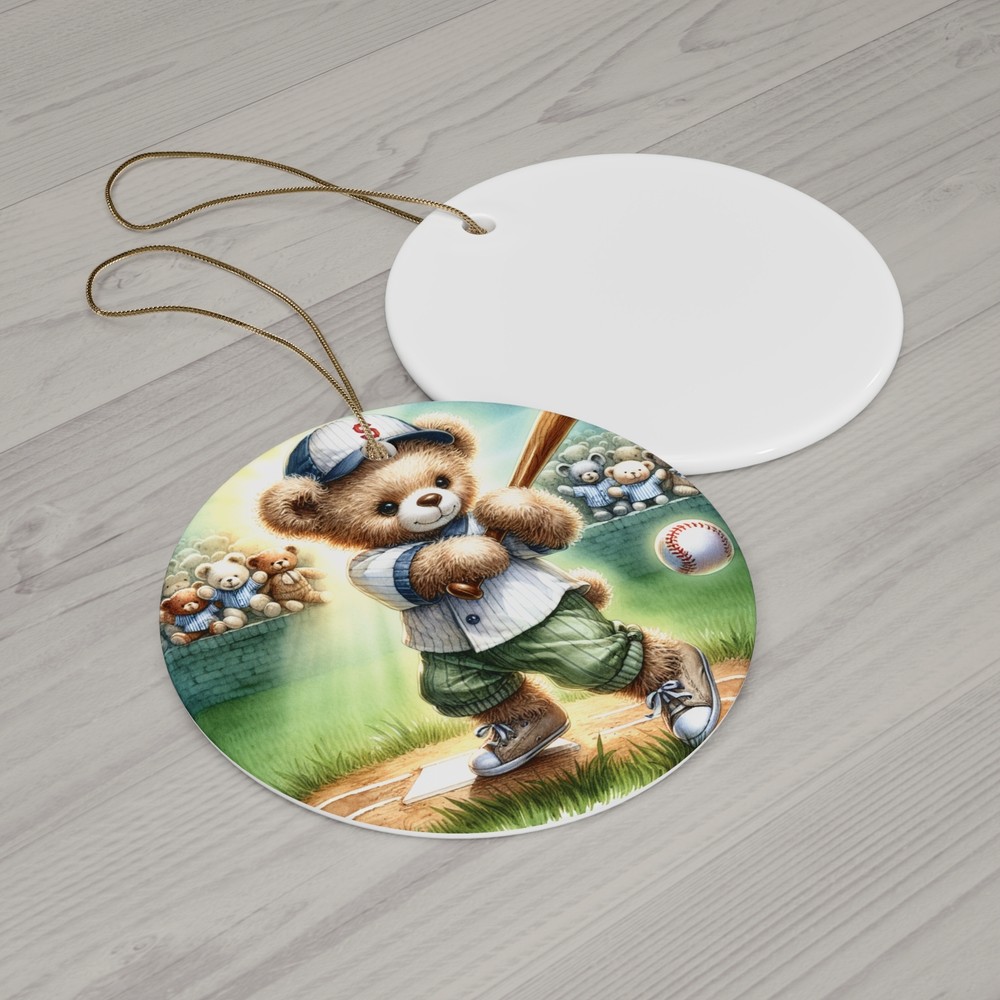 Watercolor Baseball Teddy Bear Ceramic Ornament
