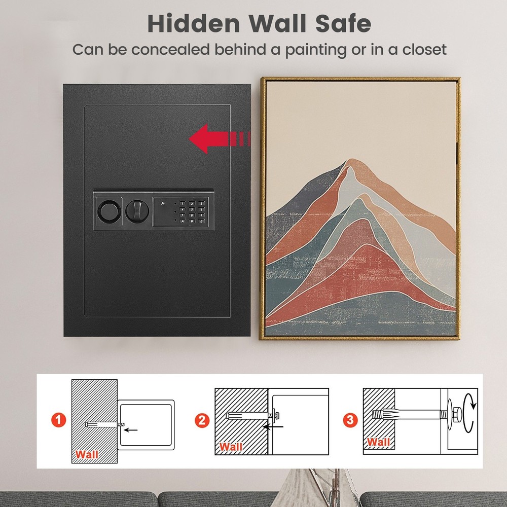 Wall Safe Box, Electronic Flat Wall Safe with Digital Keypad & 2 Emergency Keys