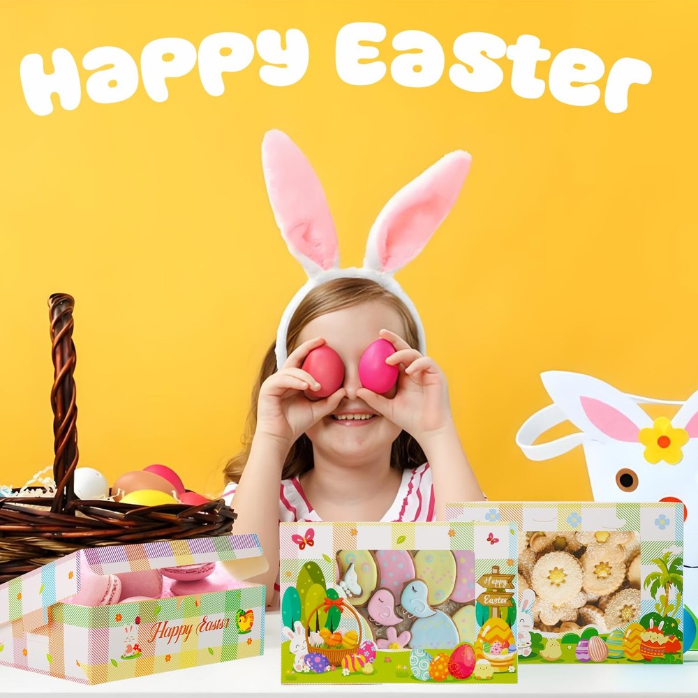 24Pcs Easter Cookie Boxes with Window, Easter Buffalo Plaid Cute Bunny Egg Co...