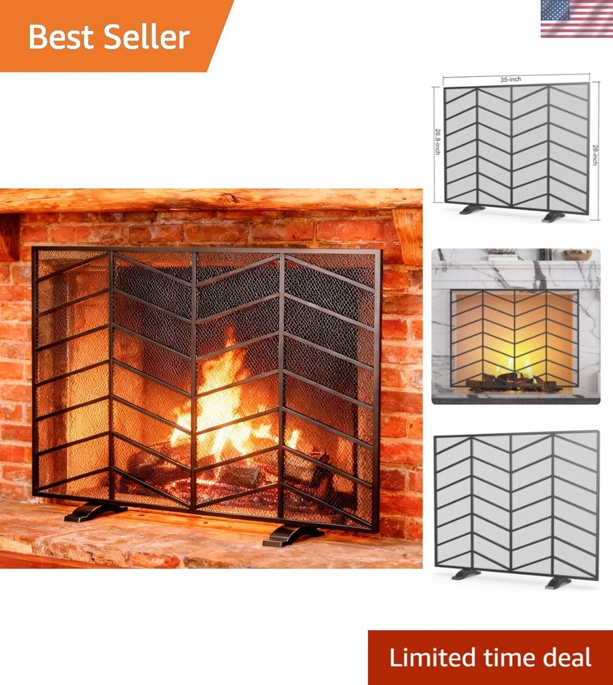 Single Panel Handcrafted Wrought Iron Mesh Chevron Fireplace Screen, Fire Spa...