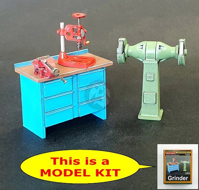 Plus Model 1/35 Workshop Workbench Table, Vice, Drill & Double Wheel Grinder 588