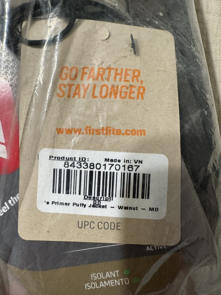 First Lite Primer Puffy Jacket Men’s Size Medium Walnut