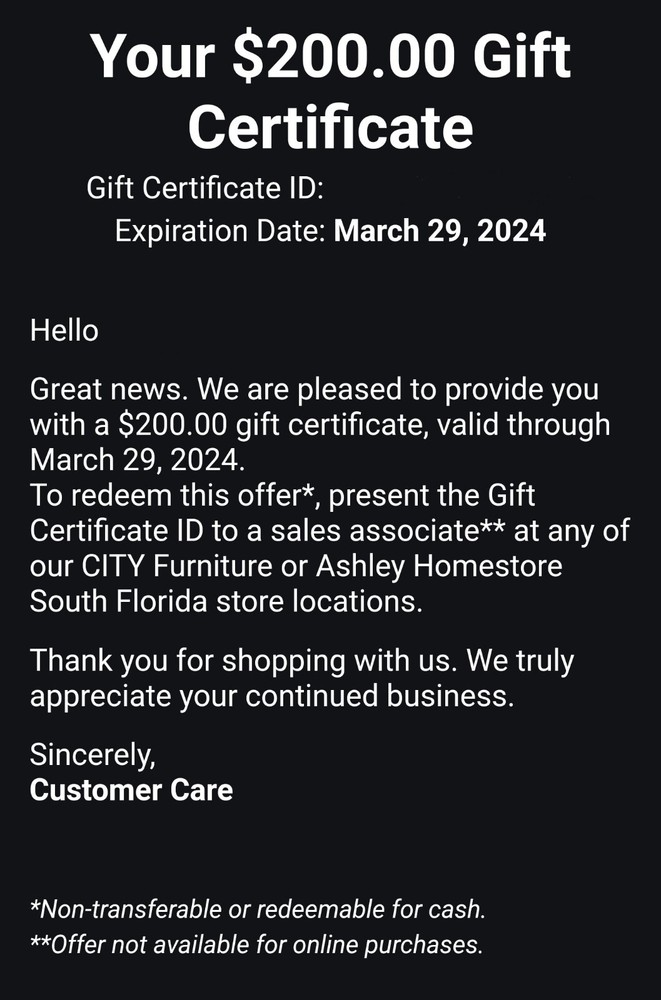 200$ Ashley/City Furniture eCard