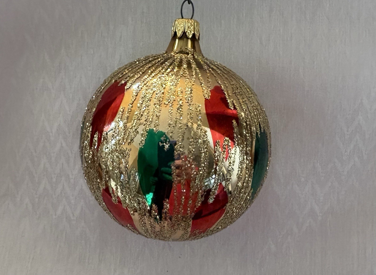 Vintage Gold, Red, Green And Glitter Glass Christmas Tree Ornament Holiday Decor