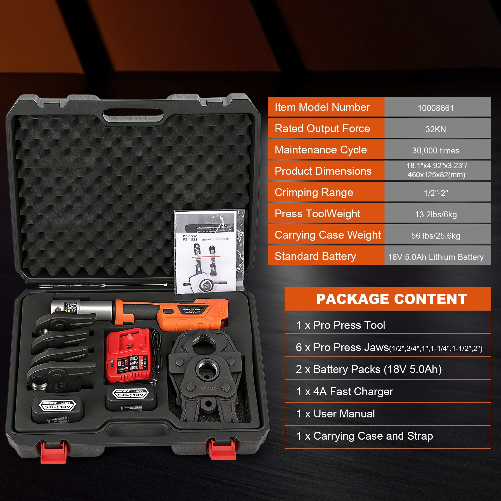 1/2" -2" Pro Press Tool Pipe Crimping Kit Press Tool Battery Kit with 6 Jaws