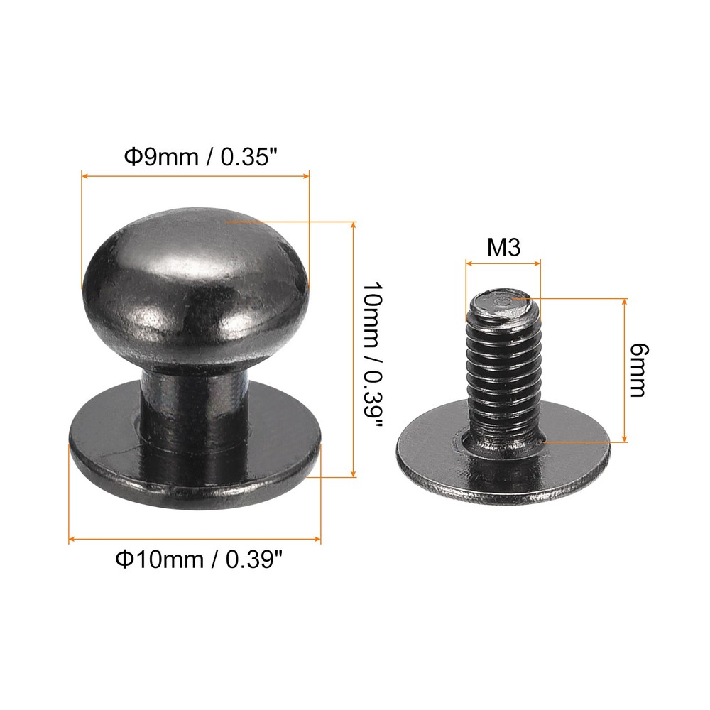 9mm Ball Head Stud Rivets Screw Back, 20Pack Round Head Button, Metallic Black