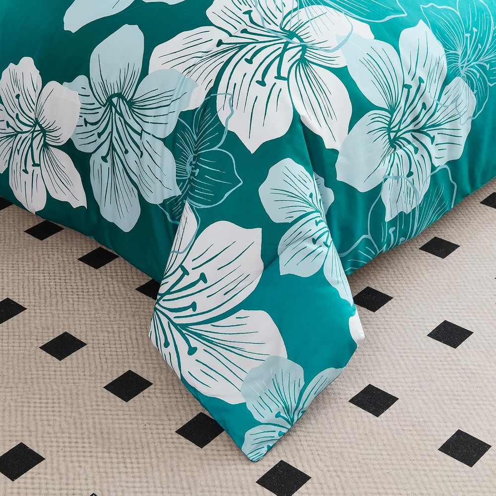 Queen Comforter Set Gradient Teal Bedding Floral Comforter Sets - Soft Microfibe