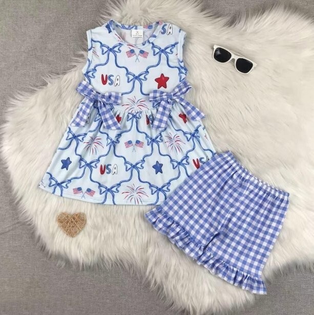 NEW Boutique 4th of July Patriotic Bows Tunic Dress & Shorts Girls Outfit Set