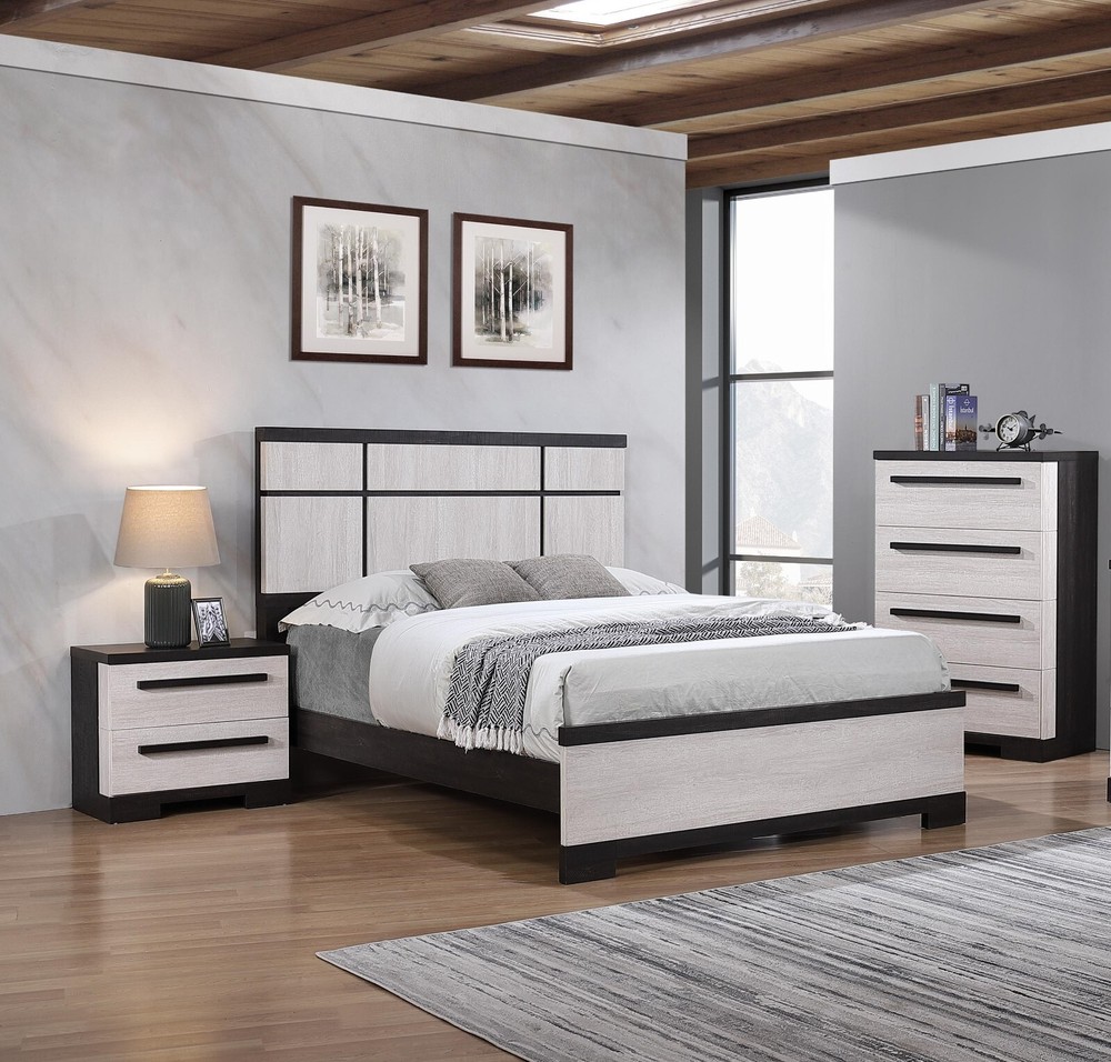 Black and White Rustic Wooden Panel King Size 3pc Bed Chest Nightstand Set