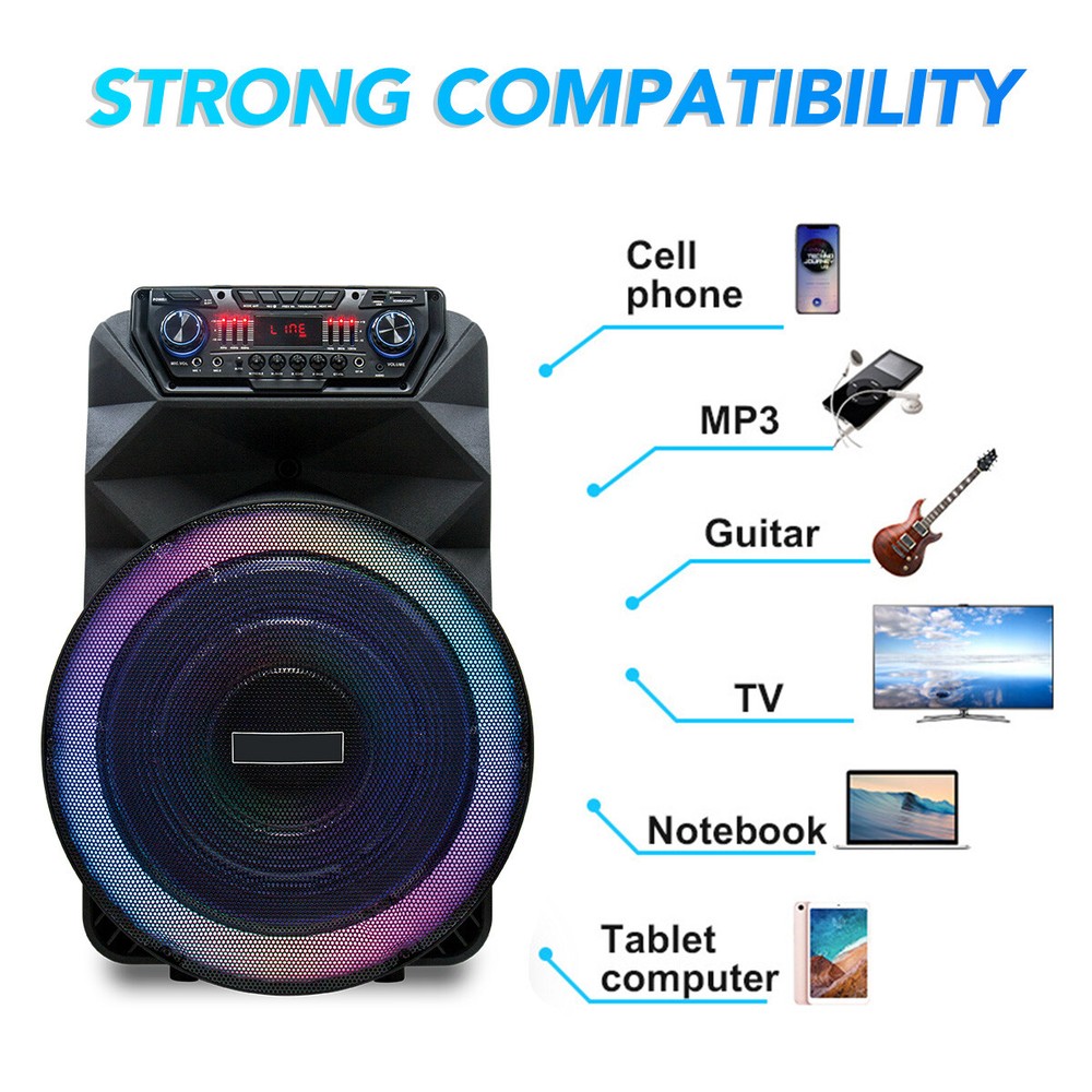 18" Portable Bluetooth Speaker Deep Bass With Remote Control Wireless Microphone