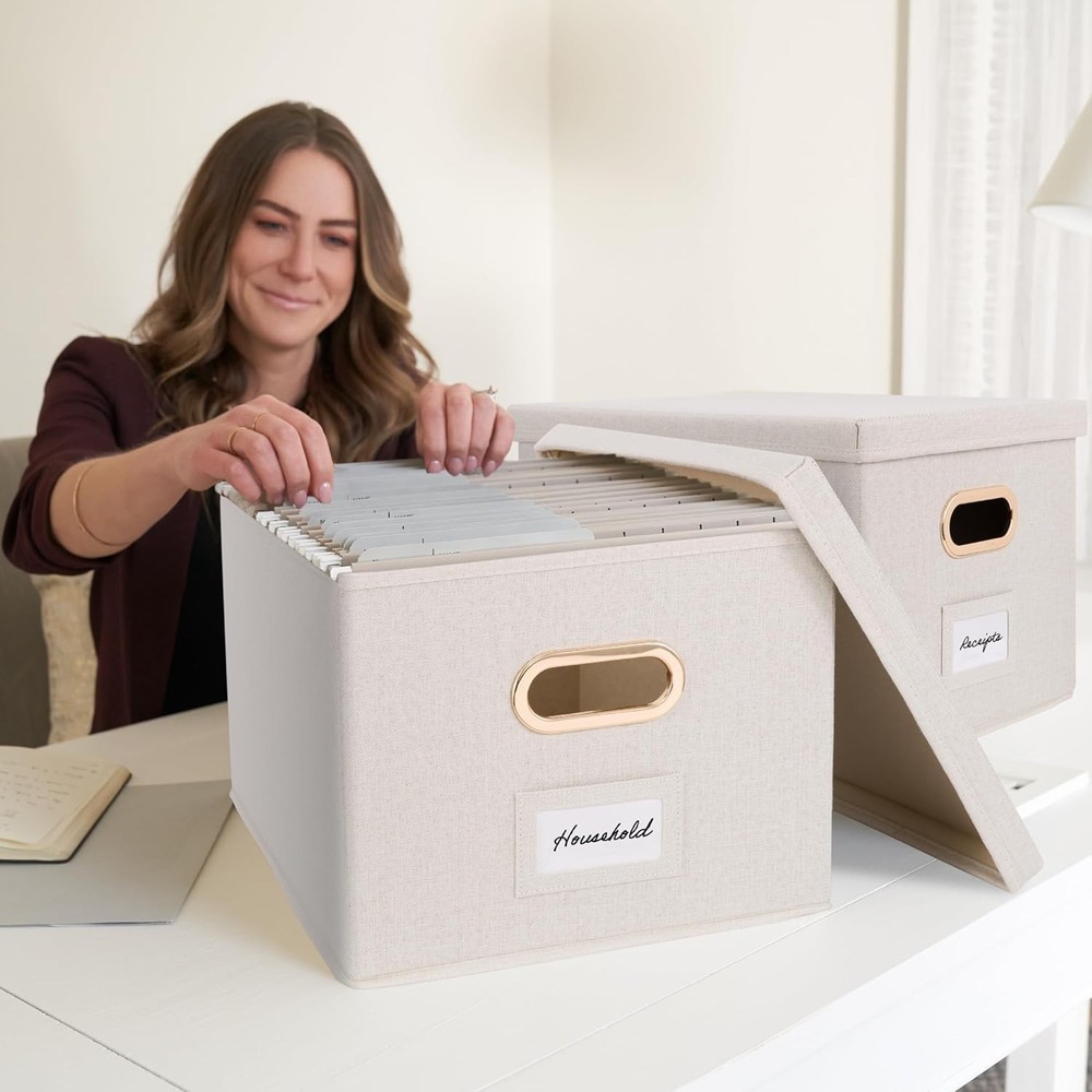 Decorative Document Storage Box Set (2-Piece) — Easy-Slide Lidded Storage Boxes