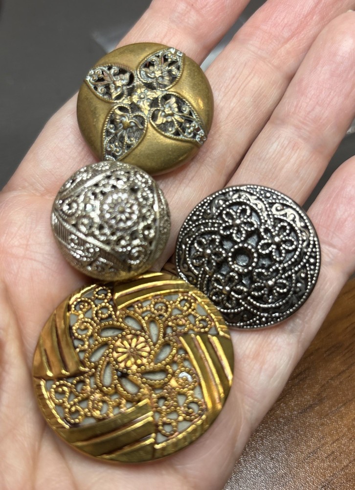 4 Antique Pierced Open Work Buttons lot ~ Mirror back