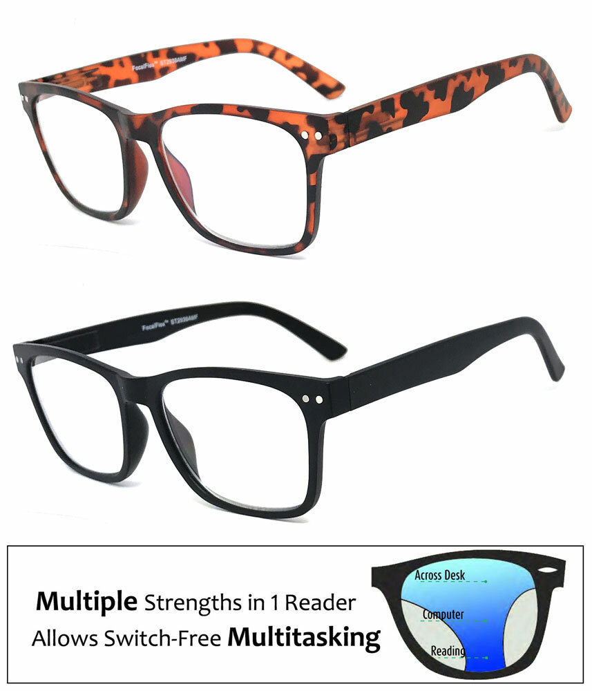 Square Frame Multi Focus Progressive Reading Glasses 3 Strengths in 1 Reader