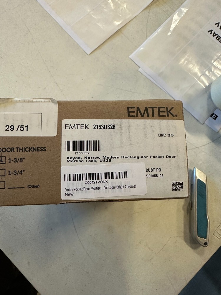 Emtek 2153-US26 Narrow Modern Rectangular Keyed Pocket Door Mortise Lock