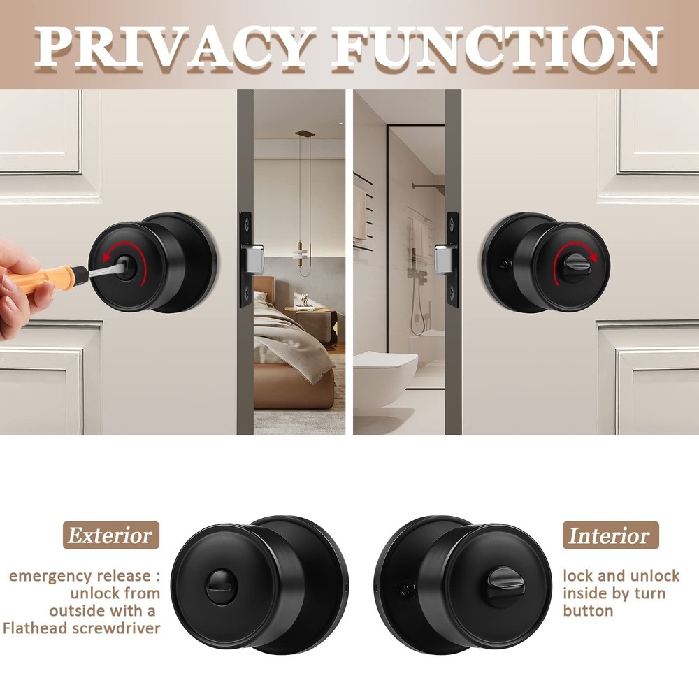 knobelite 3 Pack Door Knobs Privacy Function Keyless Lock Black Interior Roun...
