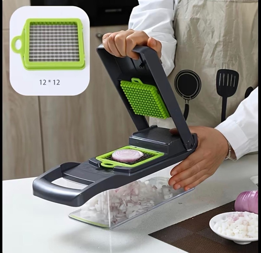Multi-Function Push Food Chopper with Blades, Container, Green/Gray