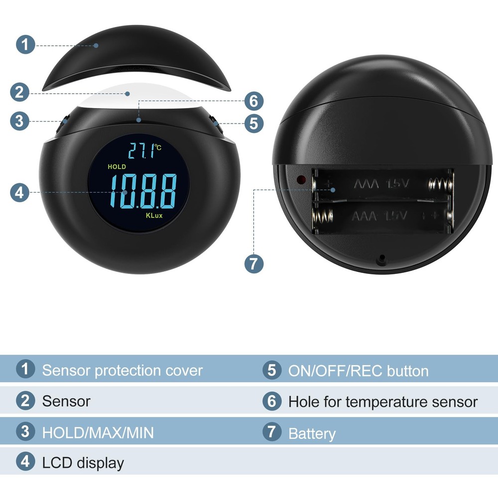 1 Pack Digital Light Meter, 200,000 Lux, 360 Detector, LCD, Handheld, Ambient