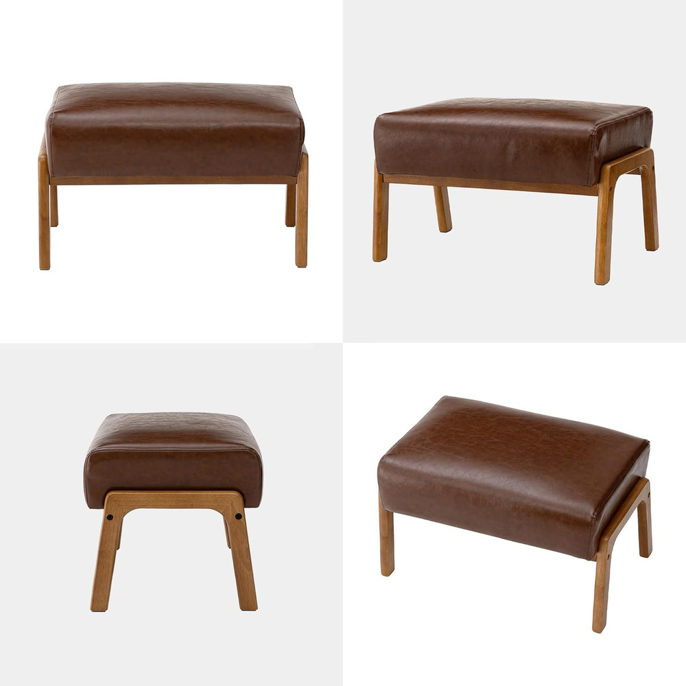 Rectangle Ottoman Bench, Modern Coffee Leatherette Footstool with Walnut Rubberw
