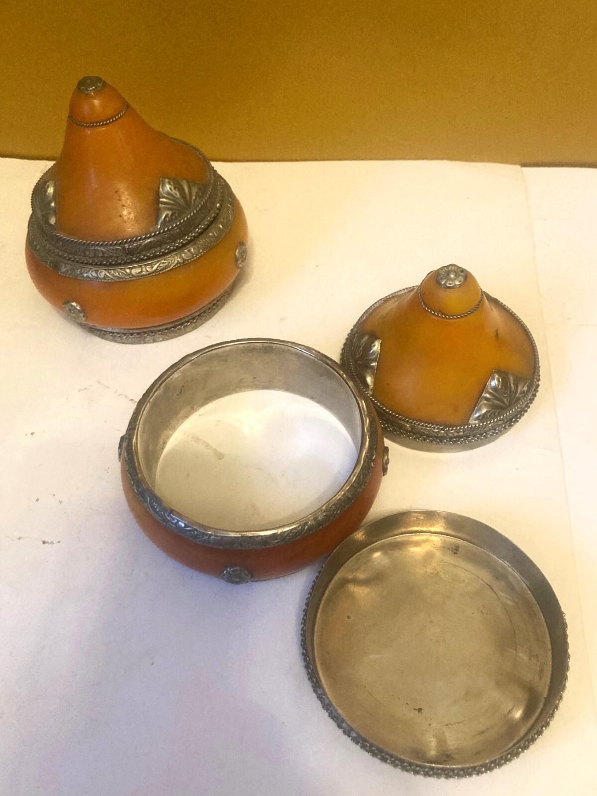 Vtg Handmade Moroccan Yellow Berber Amber Resin & Silver Trinket Jar/ Bangle 3"