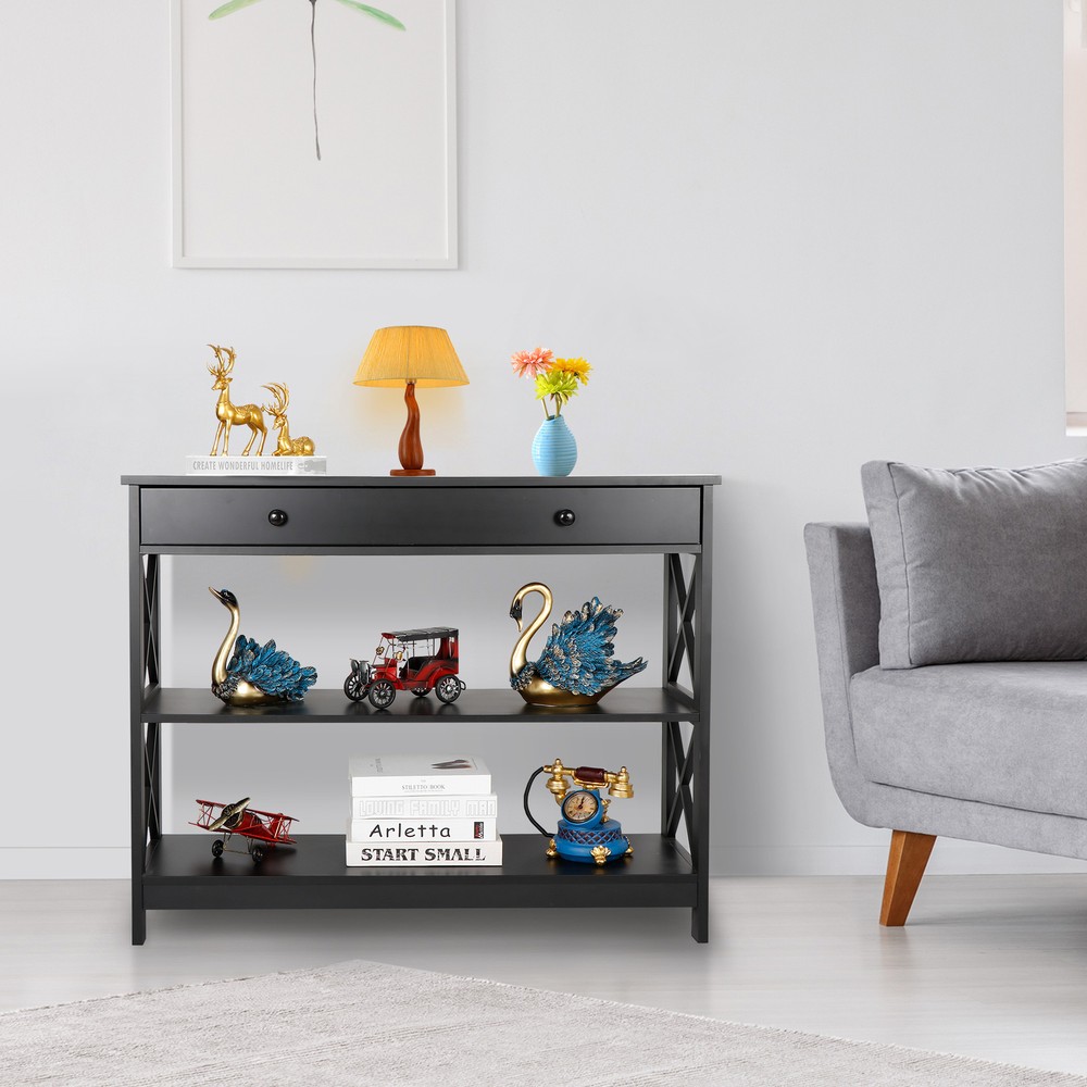 3 Tier Wood Console Table Entryway Table Narrow Sofa Side Table w/Drawer Black