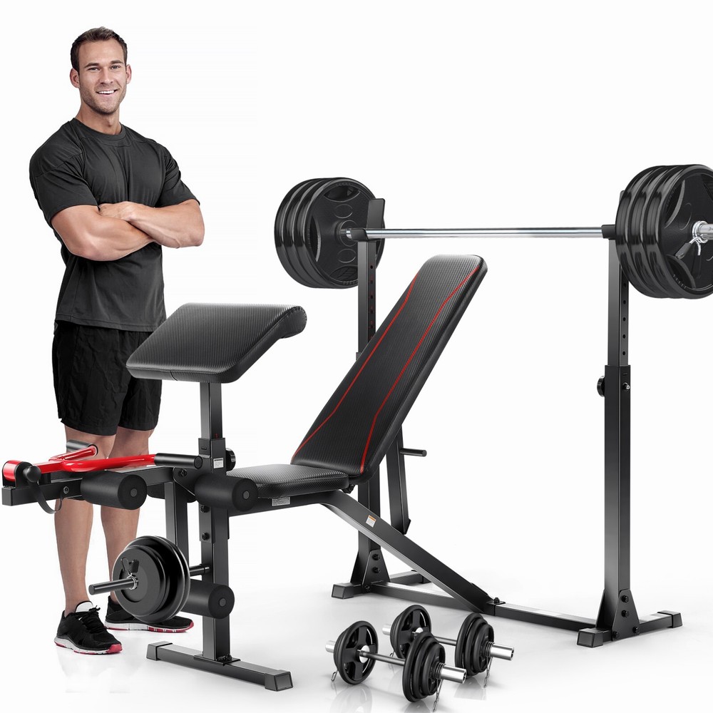 Adjustable Weight Bench Press with Squat Rack Multi-Function Dip Station Workout