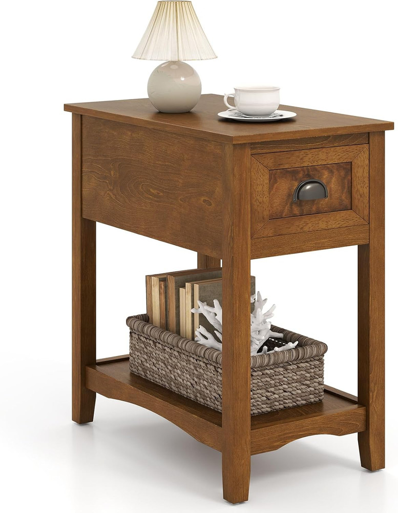 End Table with Drawer, Retro Narrow Side Table, Nightstand with Solid Wood & Sto