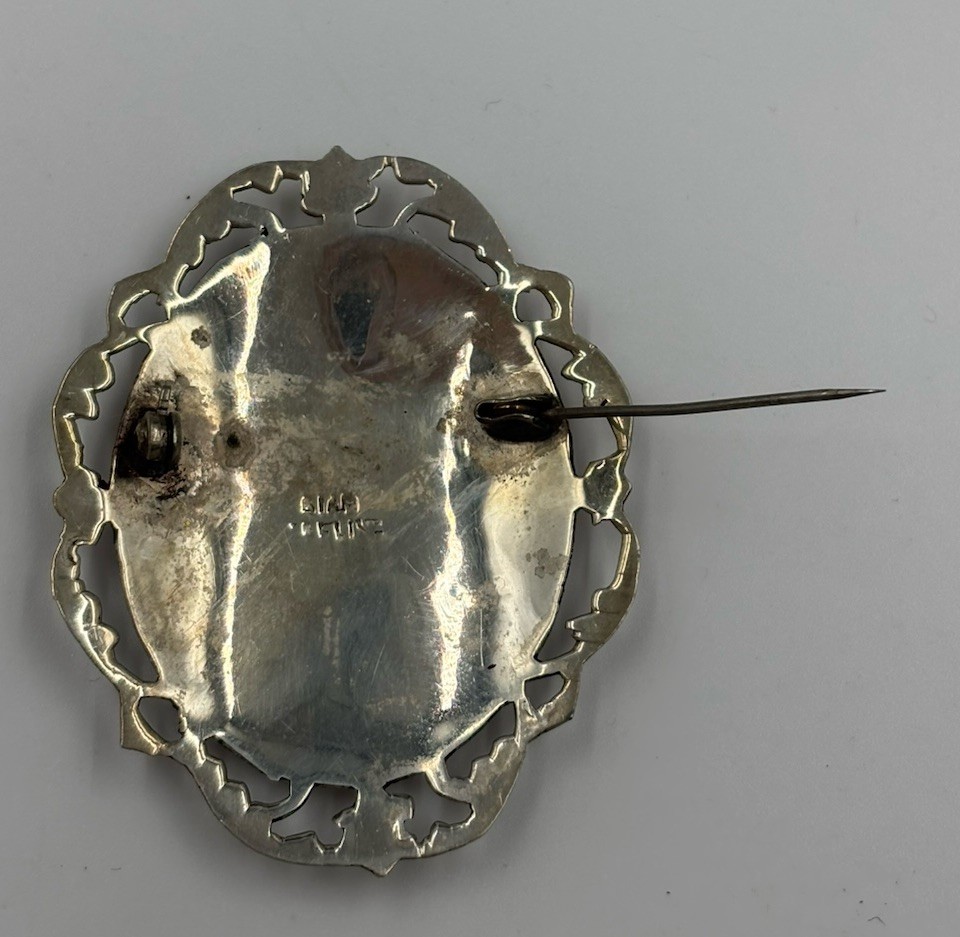 Vintage Siam 925 Sterling Silver Niello Red Enamel Temple Brooch